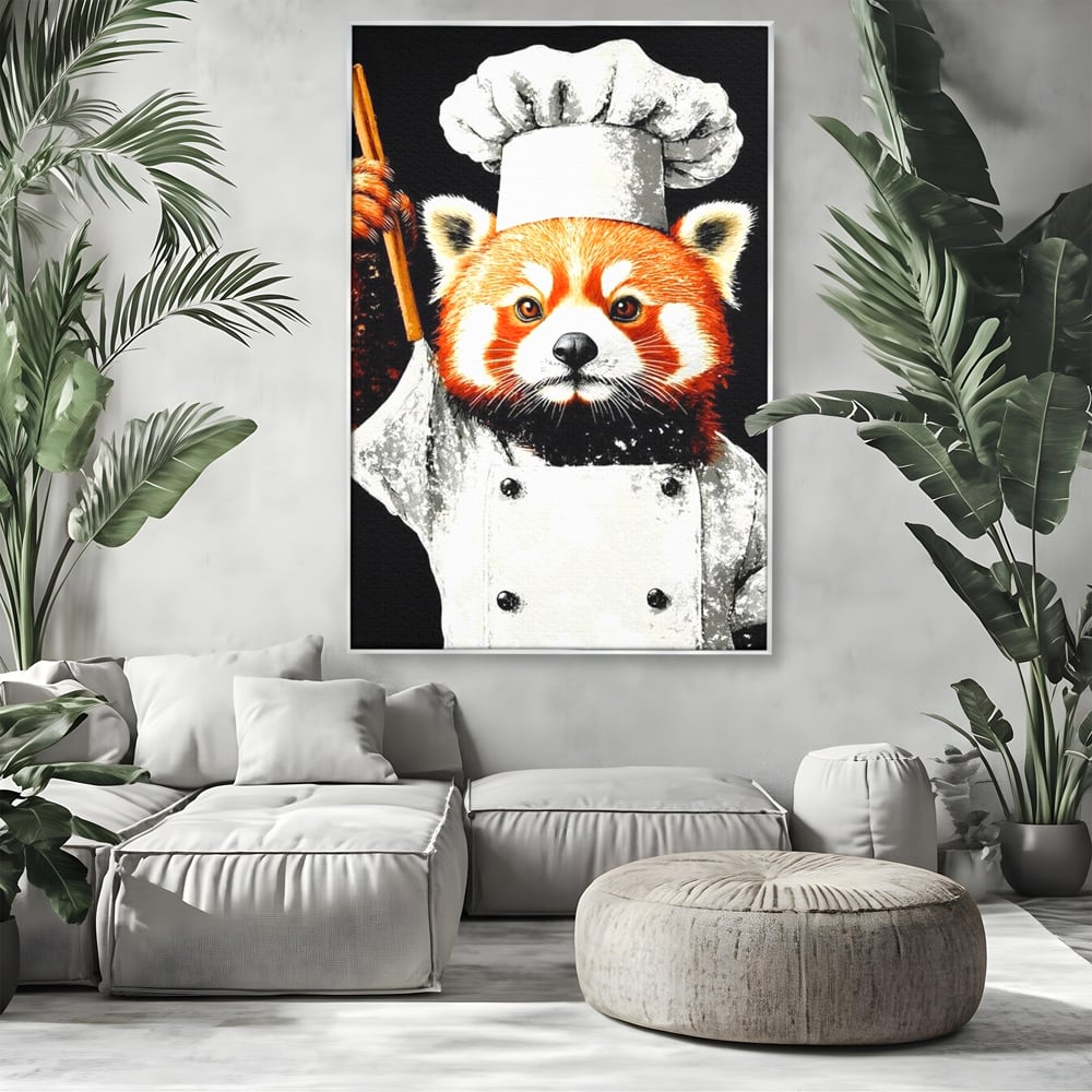Tablou canvas cu tablou canvas cu panda rosu bucatar, in rama de aluminiu argintiu, pe perete intr-un living